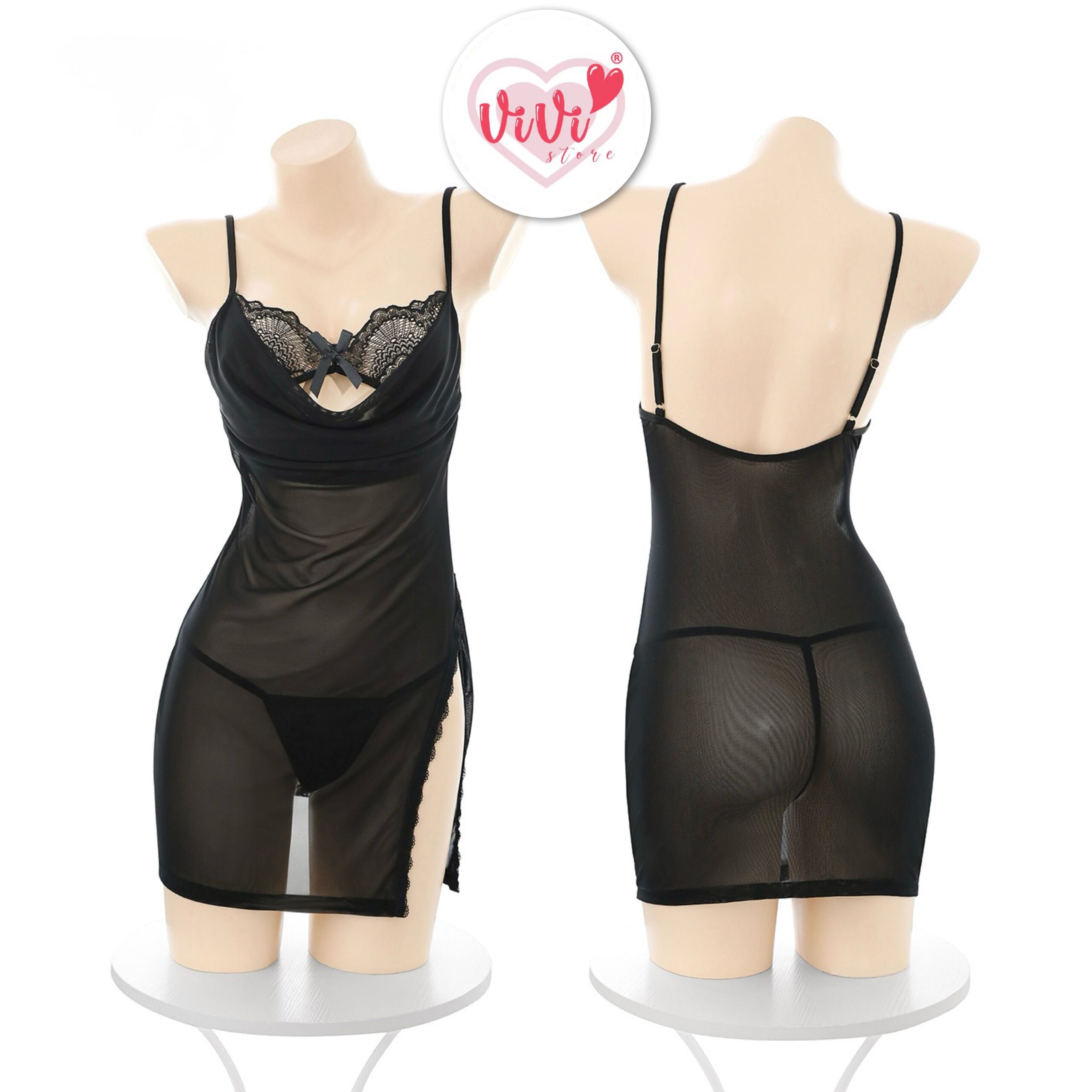 (40kg –70kg) Vivi Night Lingerie Plus Size Side Slit Mesh Nightwear Dress Malaysia - Image 11