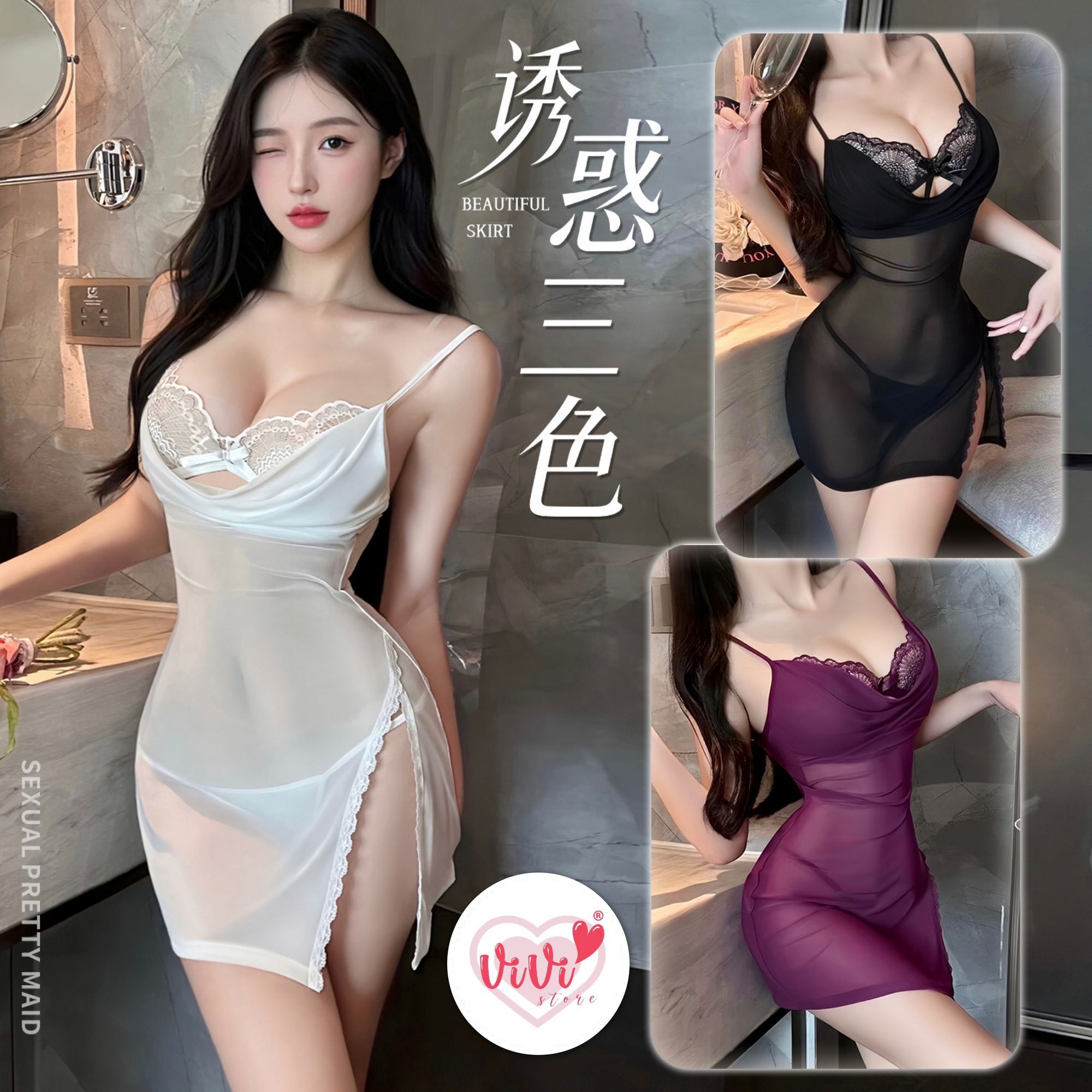 (40kg –70kg) Vivi Night Lingerie Plus Size Side Slit Mesh Nightwear Dress Malaysia - Image 3
