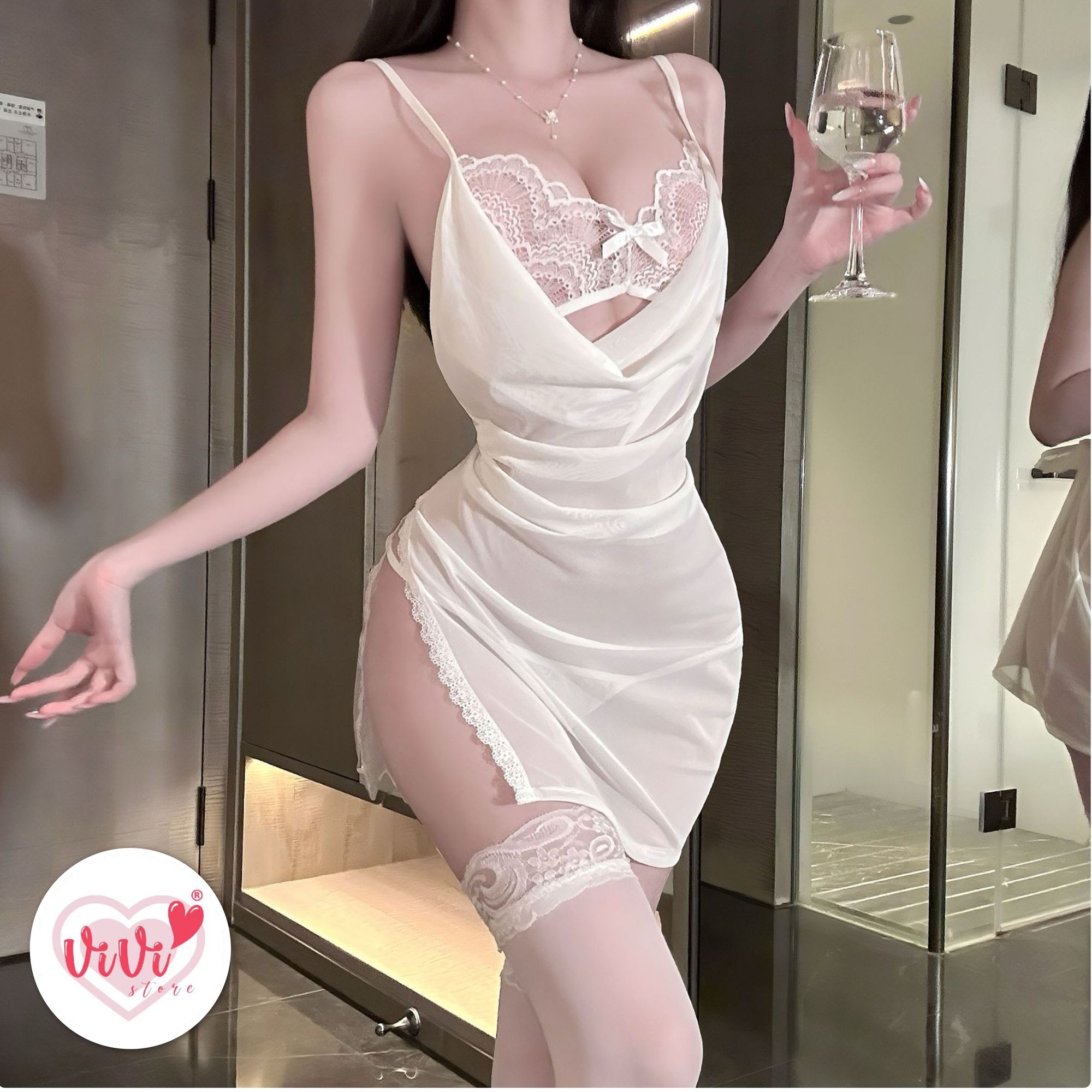 (40kg –70kg) Vivi Night Lingerie Plus Size Side Slit Mesh Nightwear Dress Malaysia - Image 9